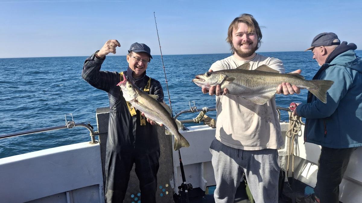 Happy anglers with whiting and pollack catch aboard Lady of the Lake